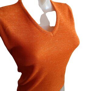 Small 1970's Vintage Joseph Magnin Orange Sleeveless Knit V-Neck Top